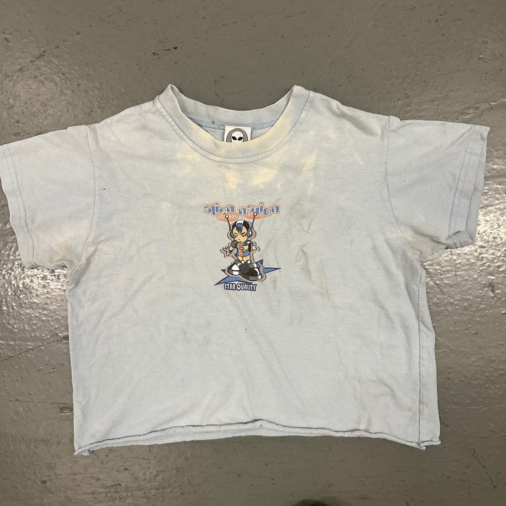 Vintage Alien Nation Mens Large Blue Preowned Chopped T Shirt Stains Flaws